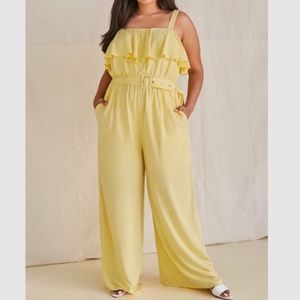 BLACK Forever 21 Plus Size Wide Leg Ruffled Jumpsuit with Belt